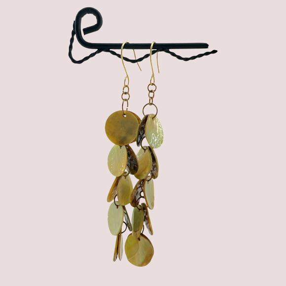 Gold Large Shell Dangle Earrings on Gold Tone Wires - Picture 1 of 4